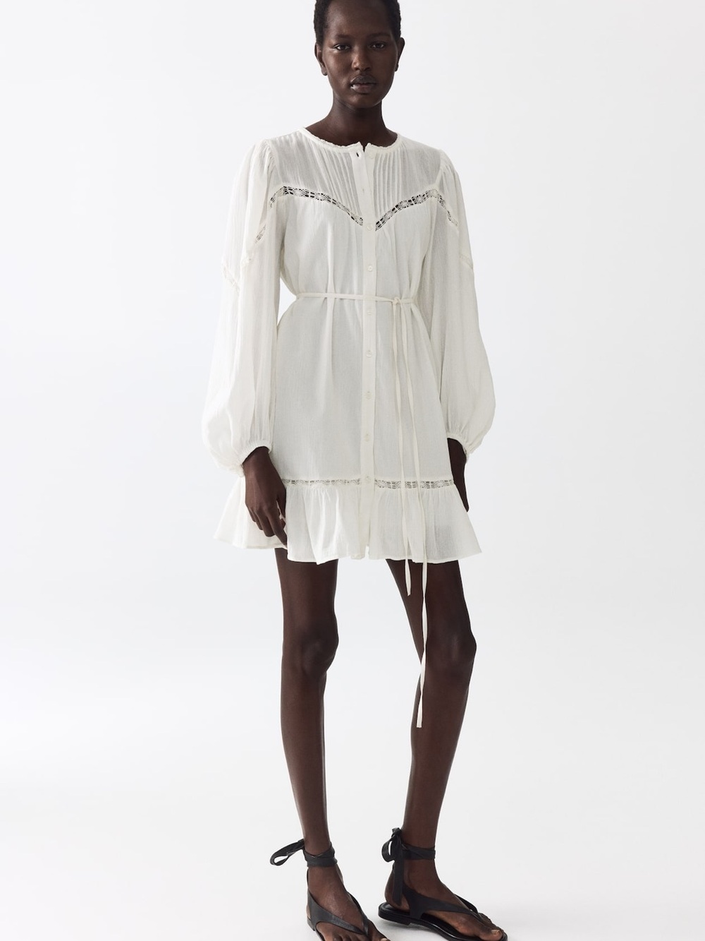 H&M White Lace-Trim Long Sleeve Mini Dress